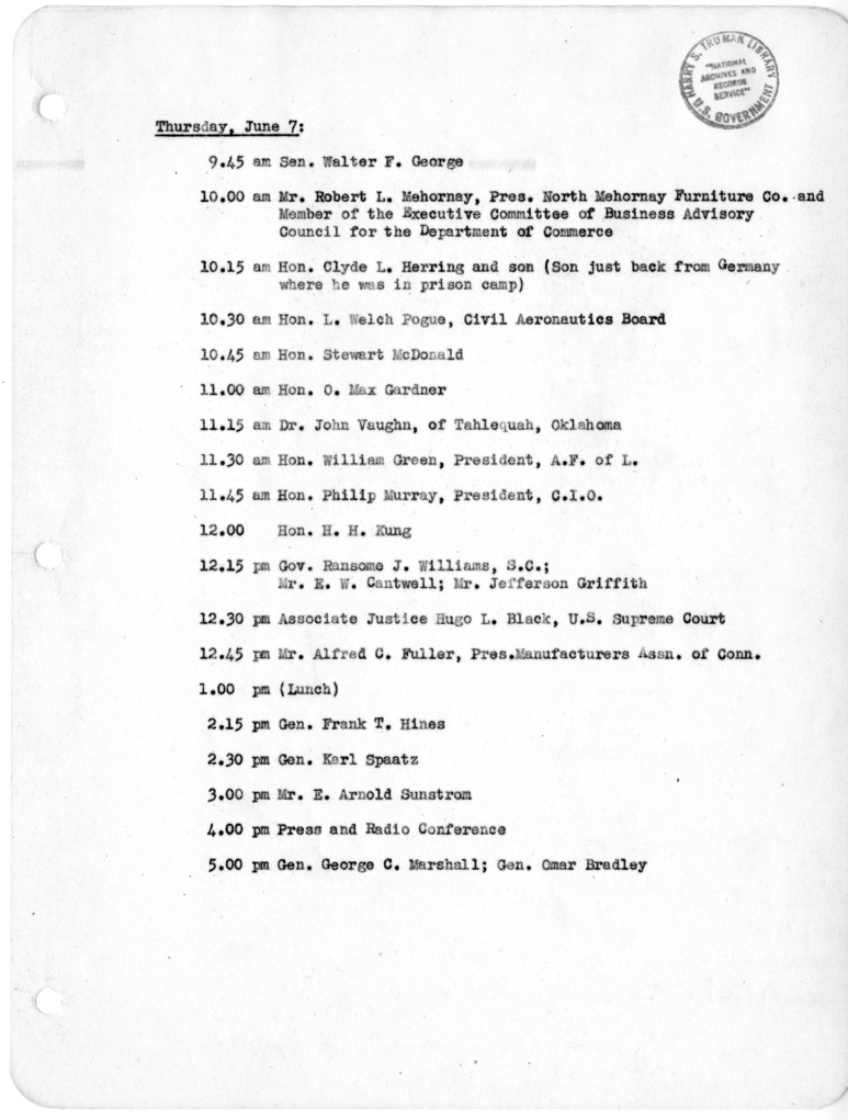 Daily Appointment Sheet for President Harry S. Truman