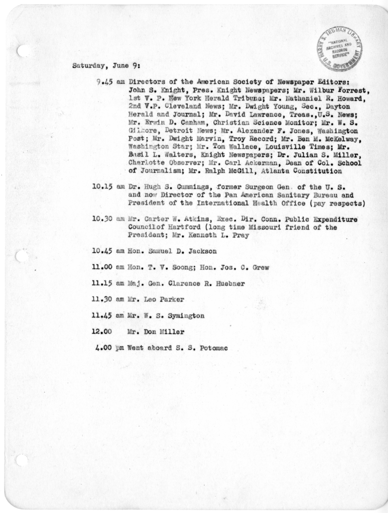 Daily Appointment Sheet for President Harry S. Truman