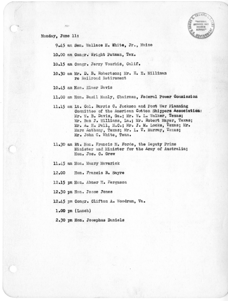 Daily Appointment Sheet for President Harry S. Truman