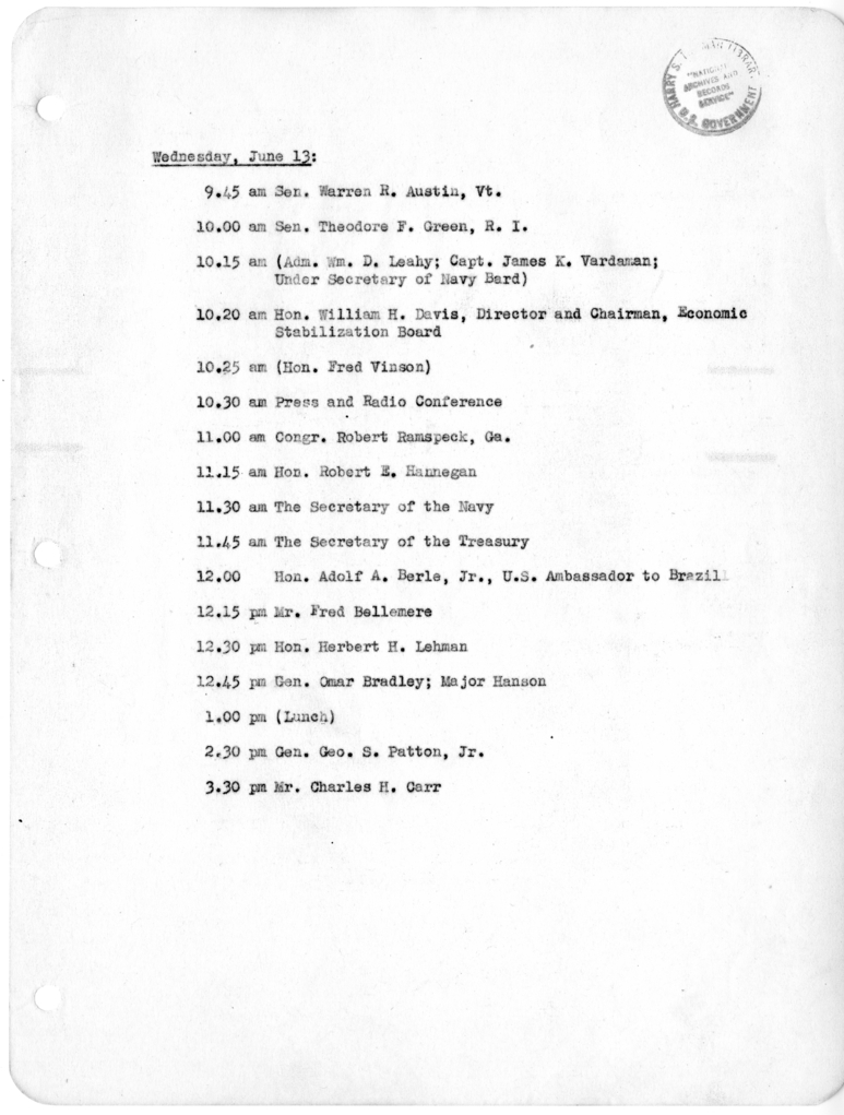 Daily Appointment Sheet for President Harry S. Truman