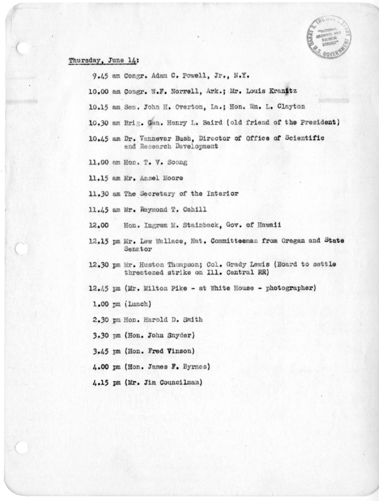 Daily Appointment Sheet for President Harry S. Truman