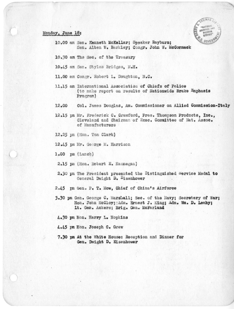 Daily Appointment Sheet for President Harry S. Truman