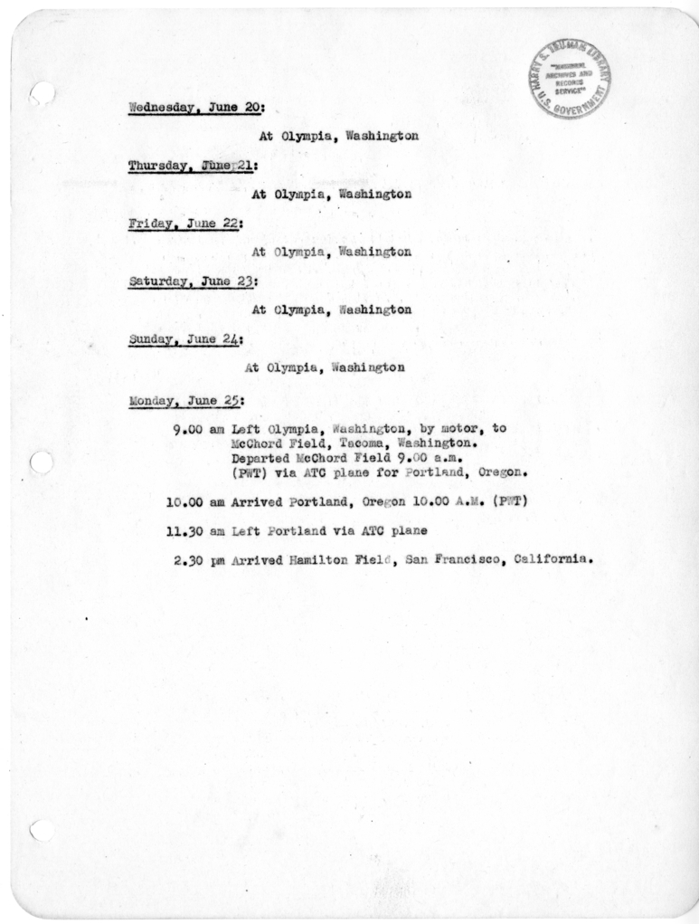 Daily Appointment Sheet for President Harry S. Truman