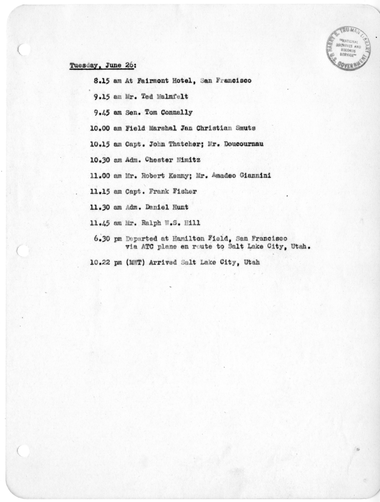 Daily Appointment Sheet for President Harry S. Truman