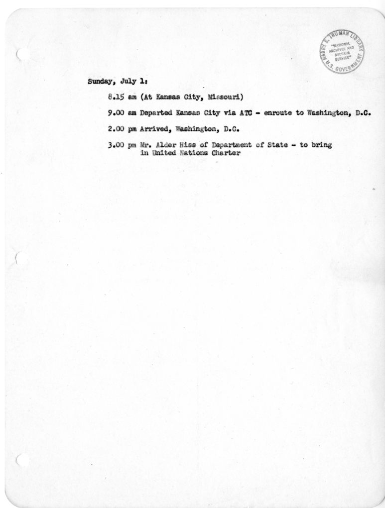 Daily Appointment Sheet for President Harry S. Truman