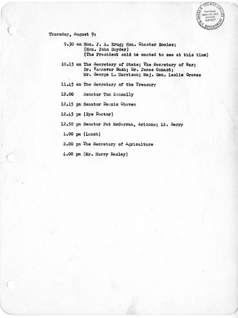 Daily Appointment Sheet for President Harry S. Truman