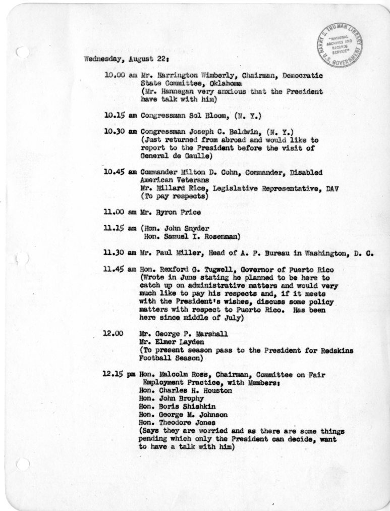 Daily Appointment Sheet for President Harry S. Truman