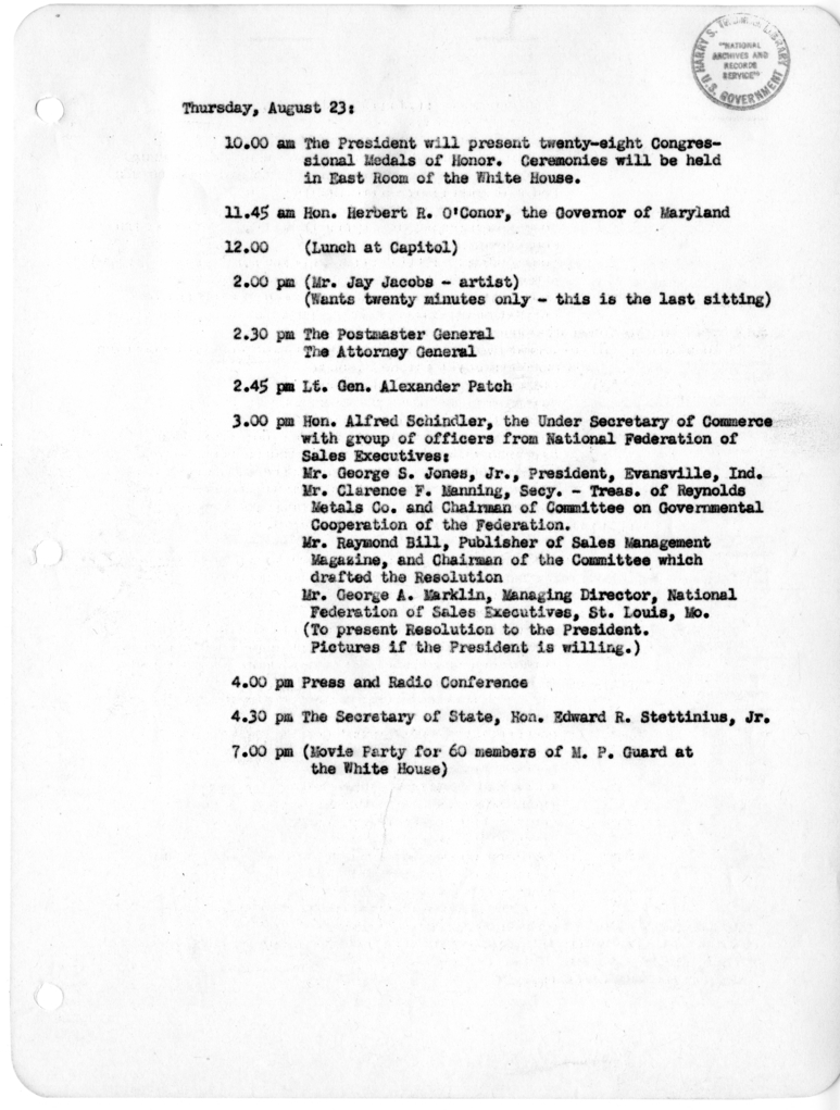 Daily Appointment Sheet for President Harry S. Truman