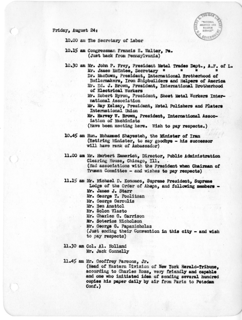 Daily Appointment Sheet for President Harry S. Truman