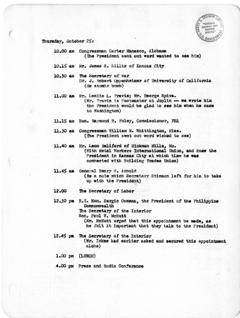 Appointment Calendar of President Harry S. Truman