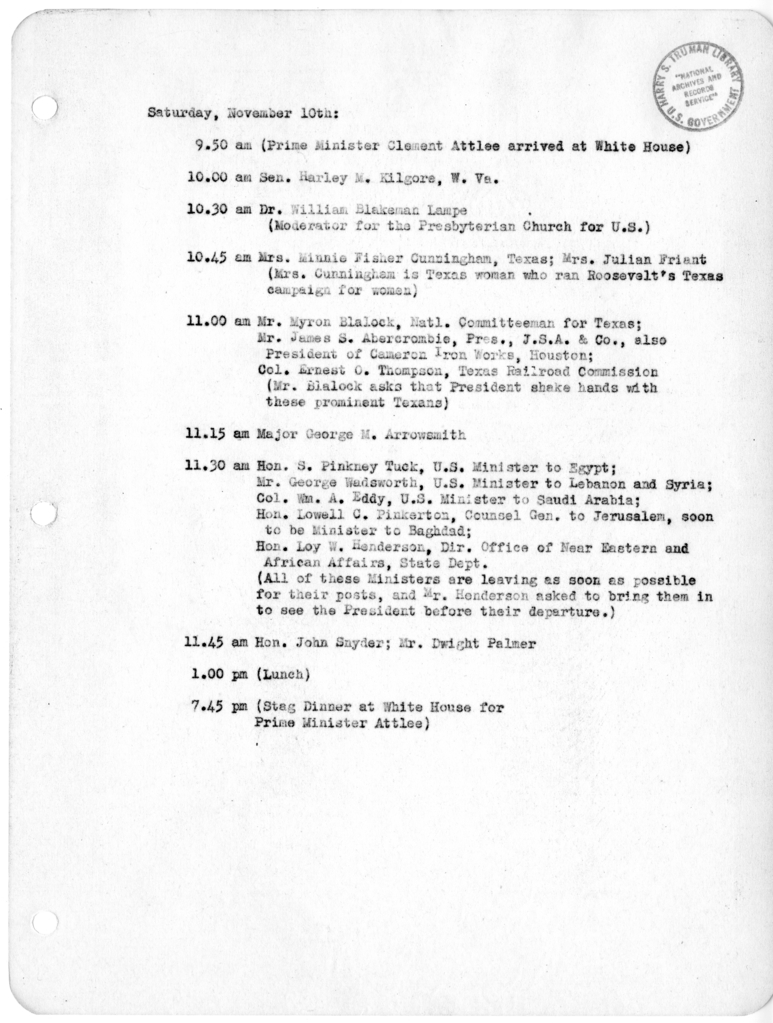 Daily Appointment Sheet for President Harry S. Truman