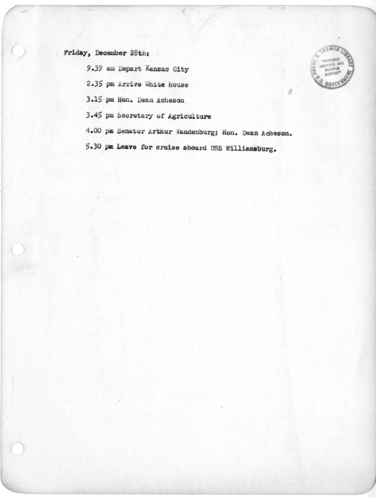 Daily Appointment Sheet for President Harry S. Truman