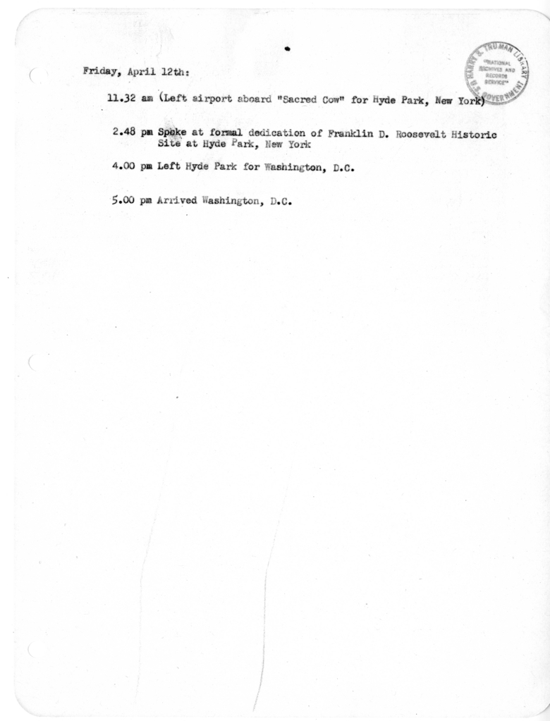 Daily Appointment Sheet for President Harry S. Truman