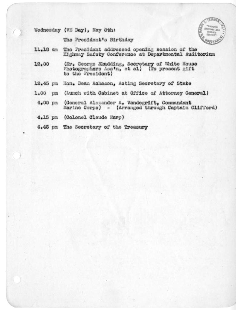 Daily Appointment Sheet for President Harry S. Truman