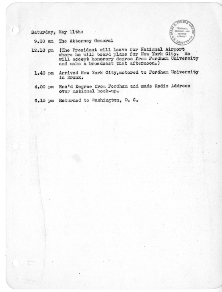 Daily Appointment Sheet for President Harry S. Truman