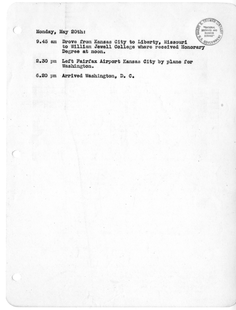 Daily Appointment Sheet for President Harry S. Truman