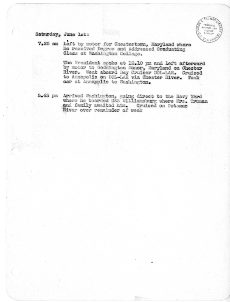 Daily Appointment Sheet for President Harry S. Truman
