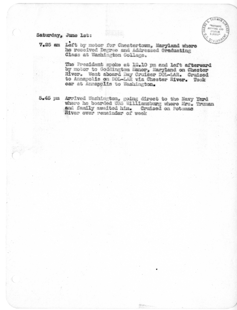 Daily Appointment Sheet for President Harry S. Truman