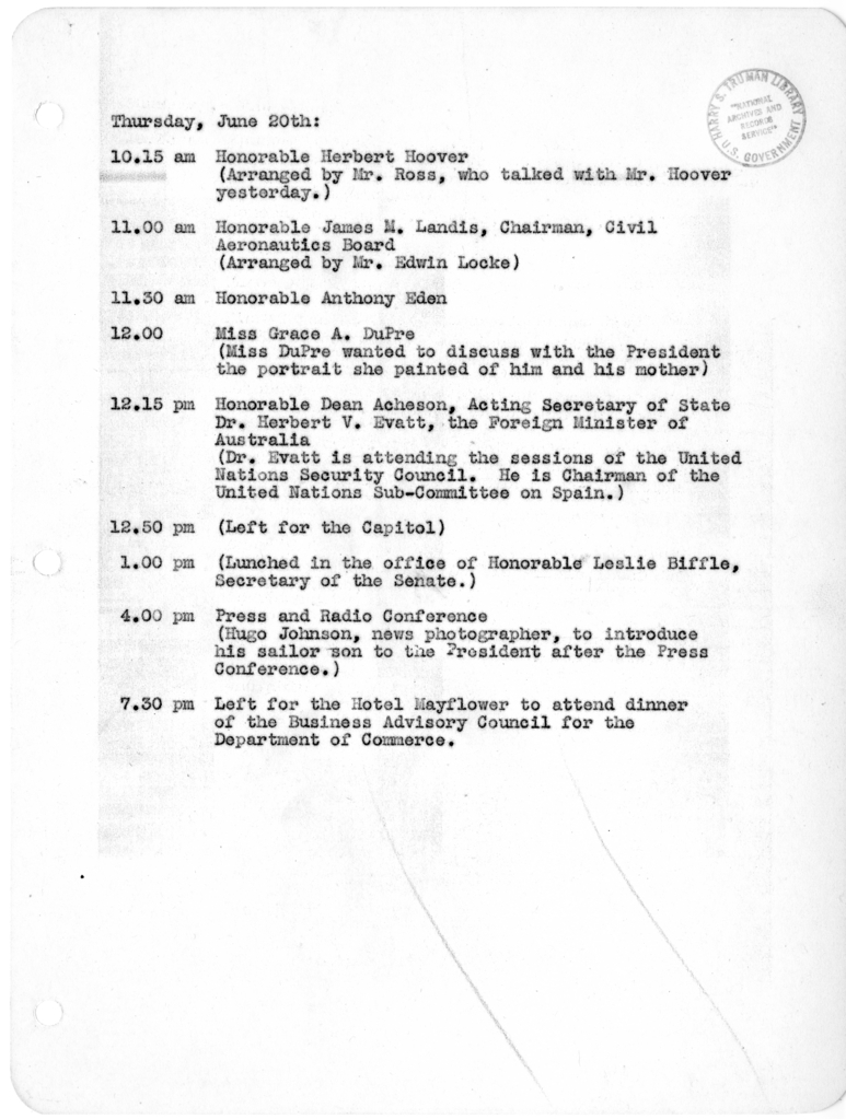 Daily Appointment Sheet for President Harry S. Truman