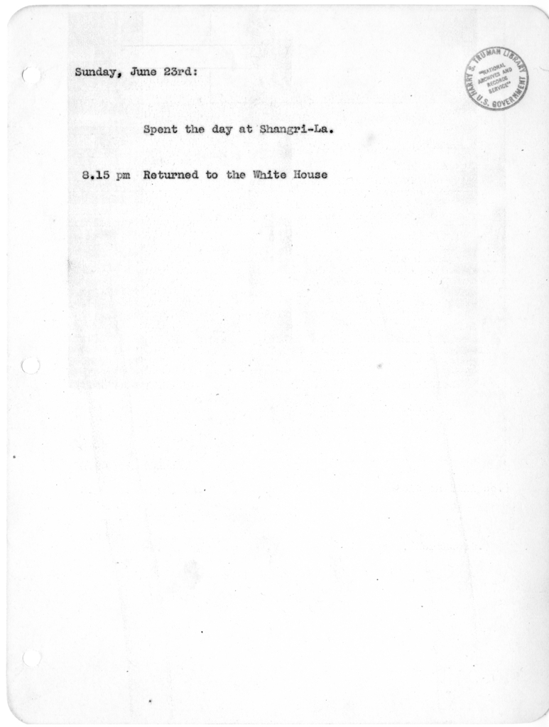 Daily Appointment Sheet for President Harry S. Truman