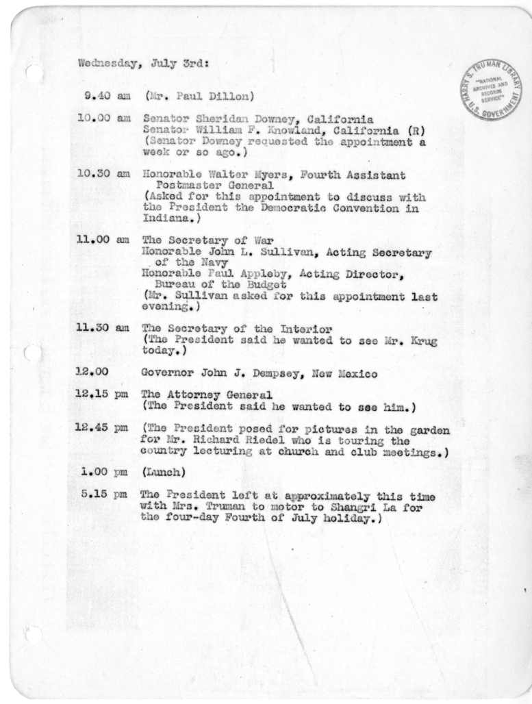 Daily Appointment Sheet for President Harry S. Truman