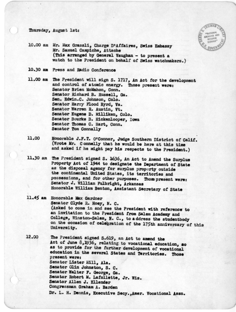 Daily Appointment Sheet for President Harry S. Truman