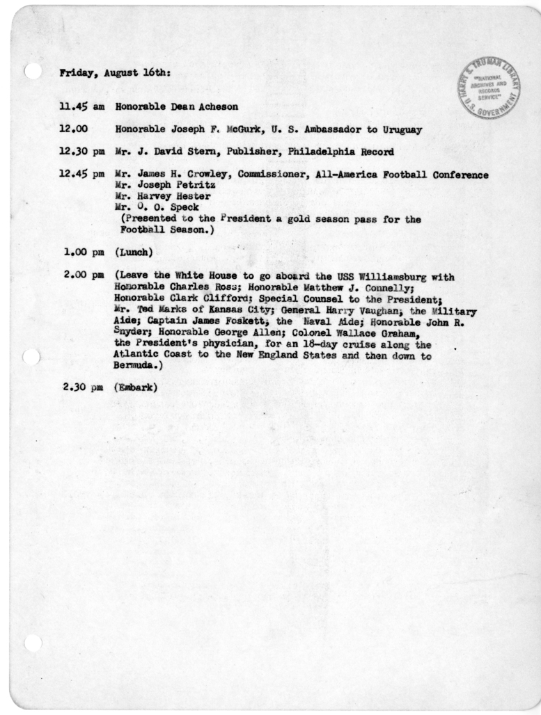 Daily Appointment Sheet for President Harry S. Truman