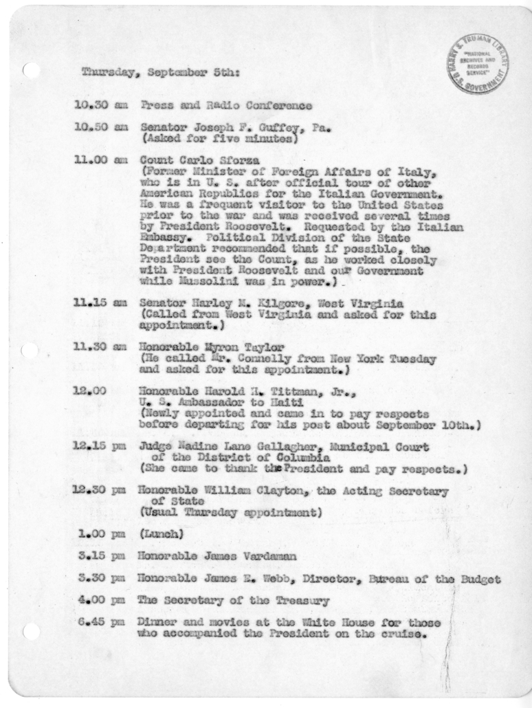 Daily Appointment Sheet for President Harry S. Truman