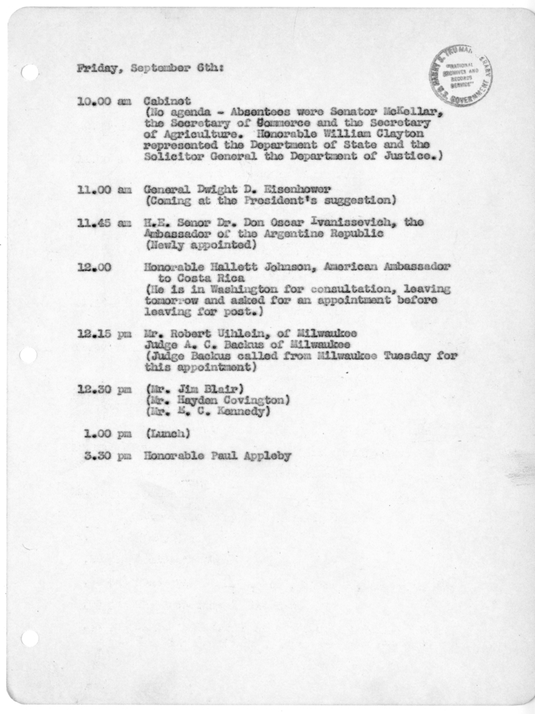 Daily Appointment Sheet for President Harry S. Truman