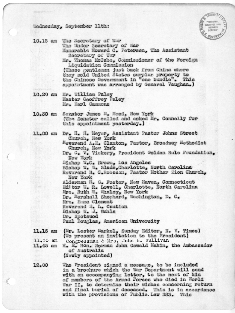 Daily Appointment Sheet for President Harry S. Truman