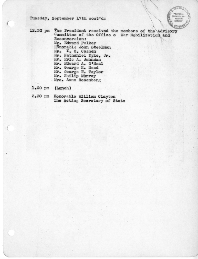 Daily Appointment Sheet for President Harry S. Truman