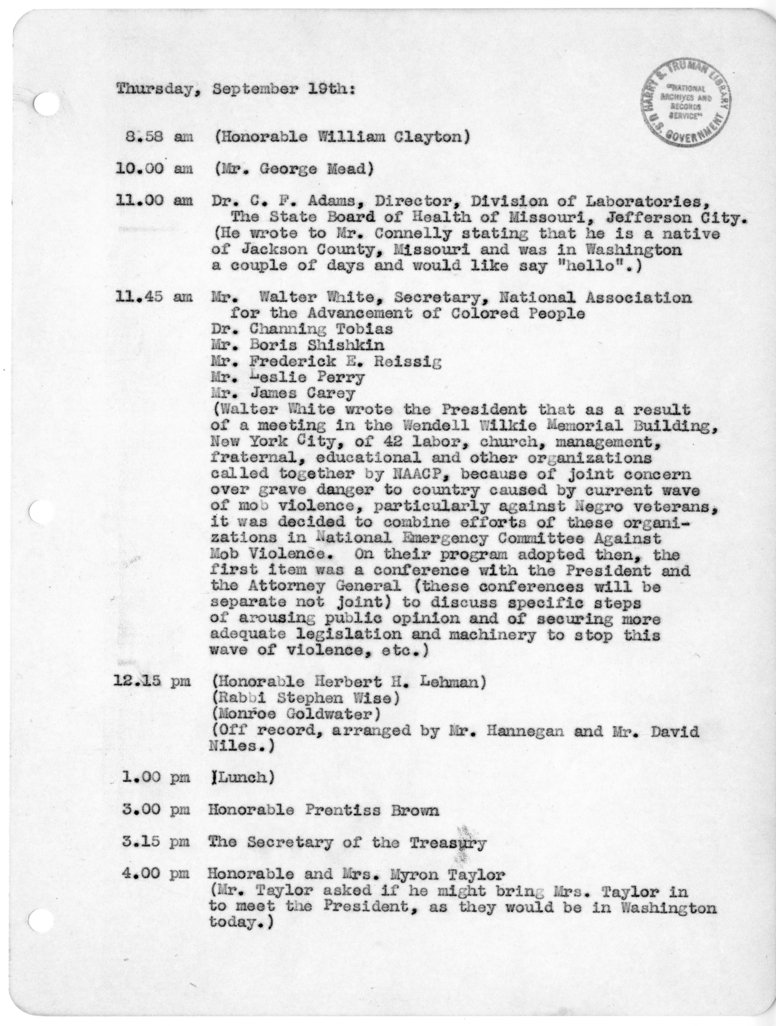 Daily Appointment Sheet for President Harry S. Truman