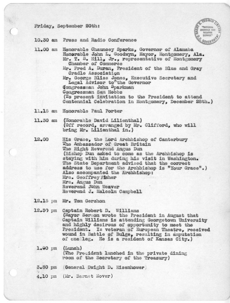 Daily Appointment Sheet for President Harry S. Truman