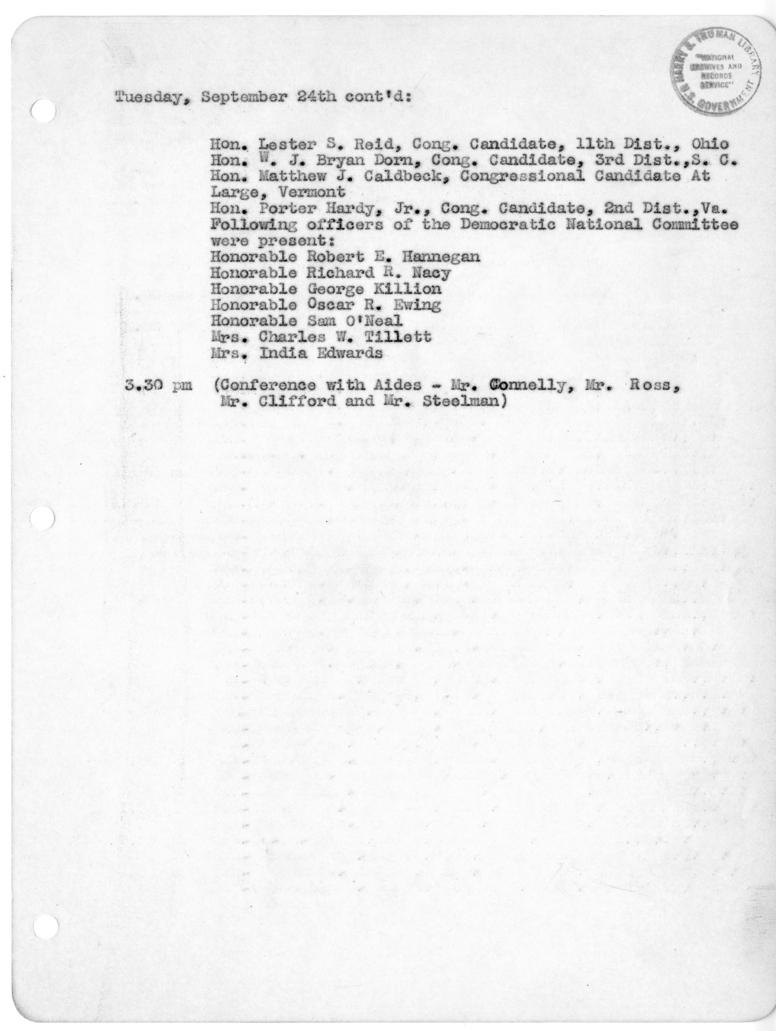 Daily Appointment Sheet for President Harry S. Truman