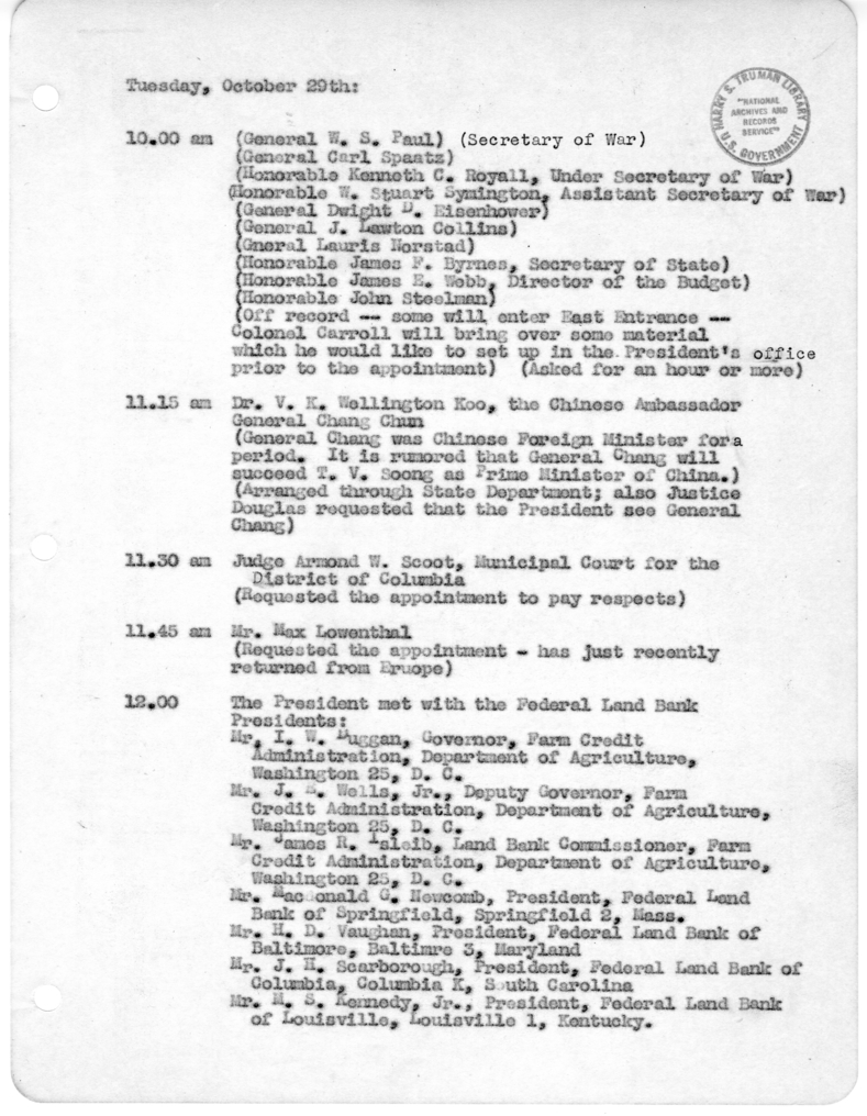 Daily Appointment Sheet for President Harry S. Truman