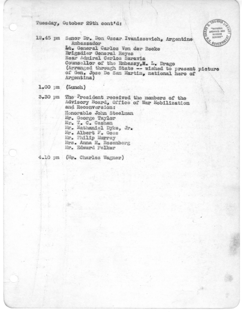 Daily Appointment Sheet for President Harry S. Truman