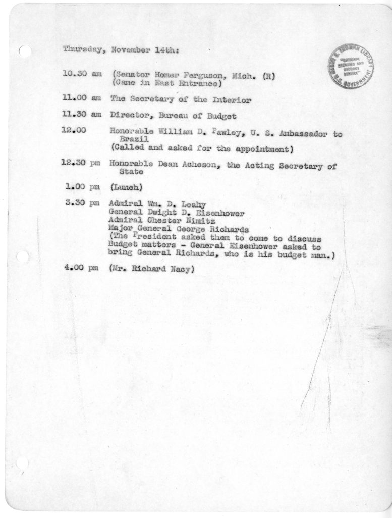 Daily Appointment Sheet for President Harry S. Truman