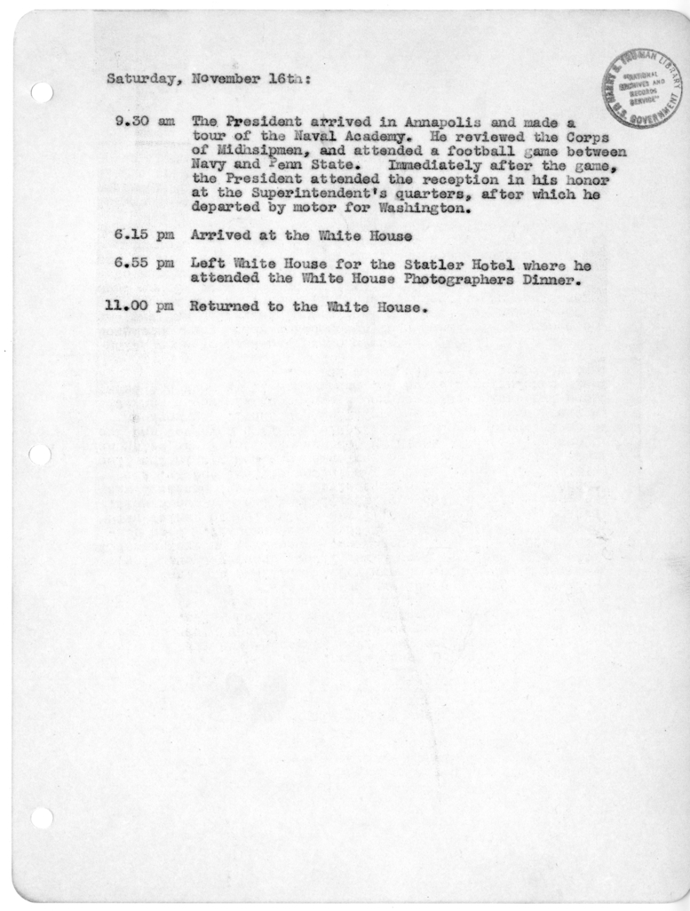 Daily Appointment Sheet for President Harry S. Truman