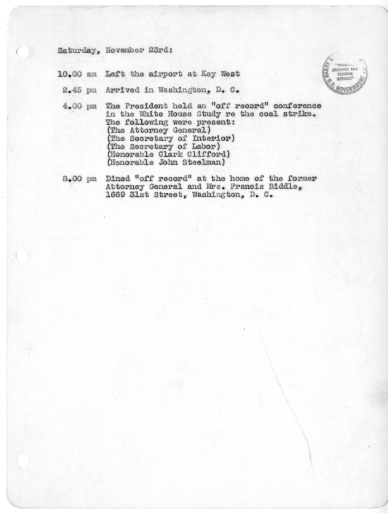 Daily Appointment Sheet for President Harry S. Truman