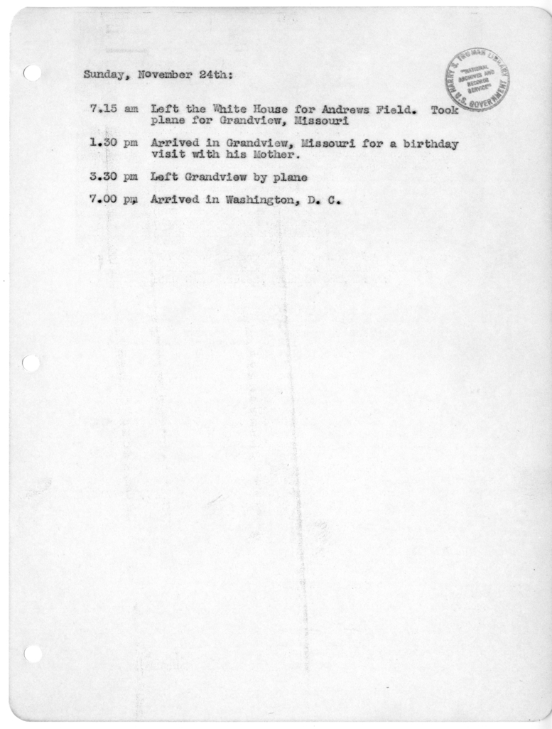 Daily Appointment Sheet for President Harry S. Truman