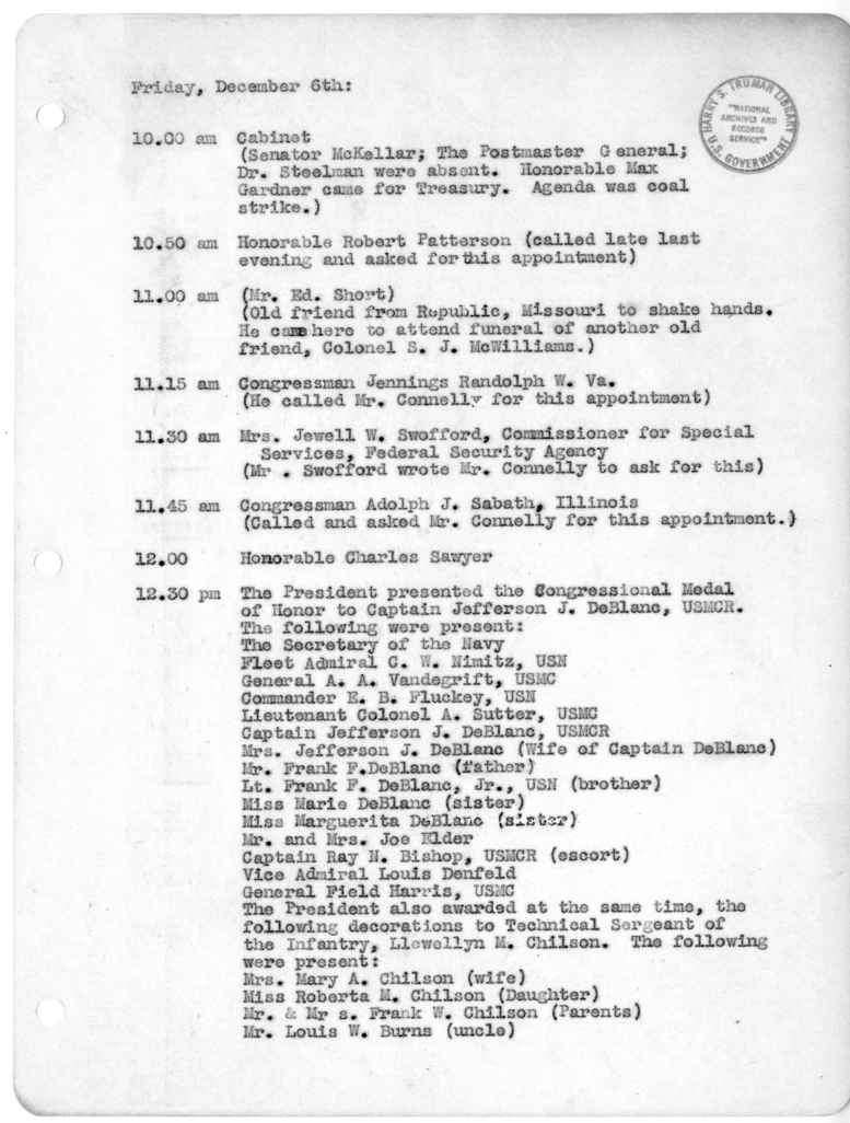 Daily Appointment Sheet for President Harry S. Truman