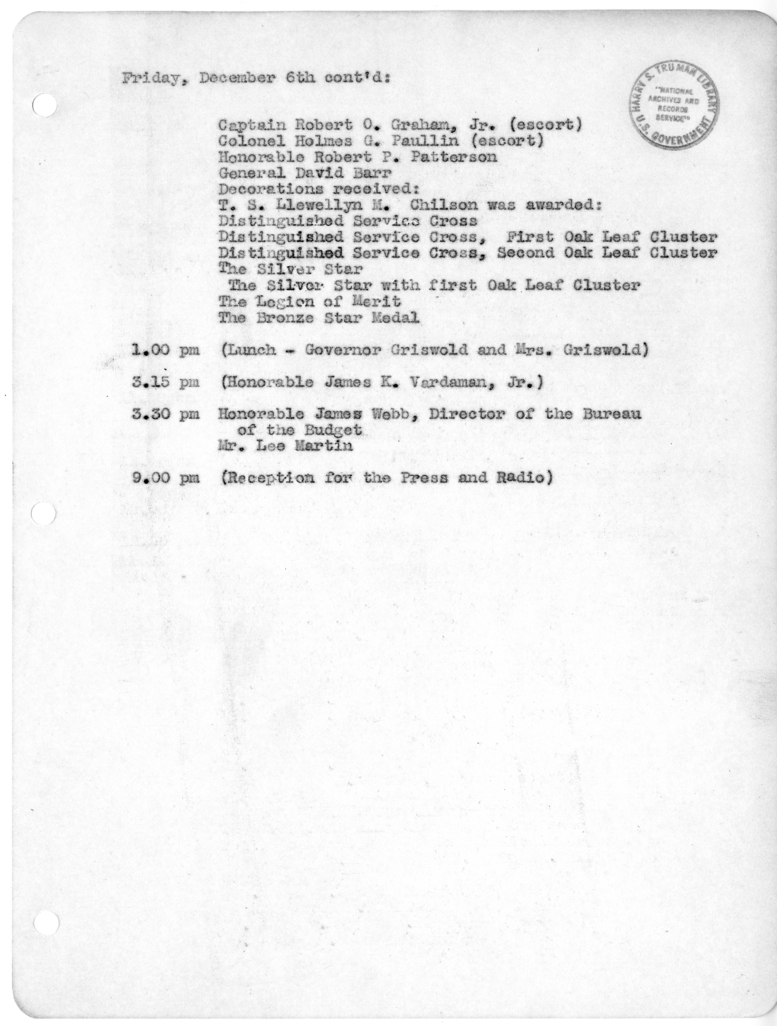 Daily Appointment Sheet for President Harry S. Truman