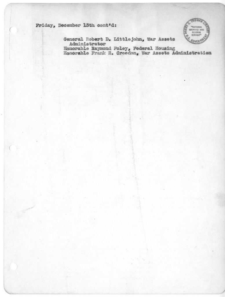 Daily Appointment Sheet for President Harry S. Truman