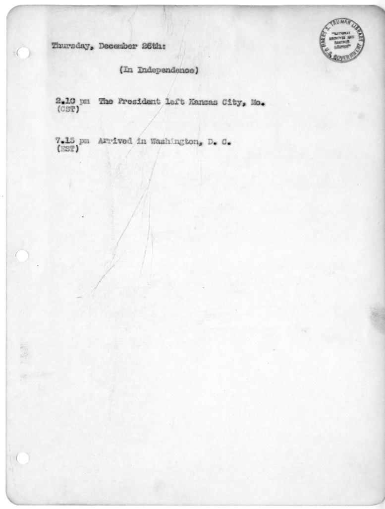 Daily Appointment Sheet for President Harry S. Truman