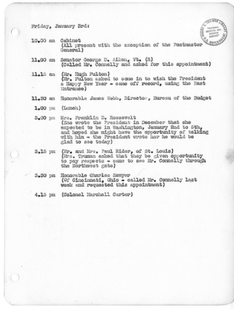 Daily Appointment Sheet for President Harry S. Truman