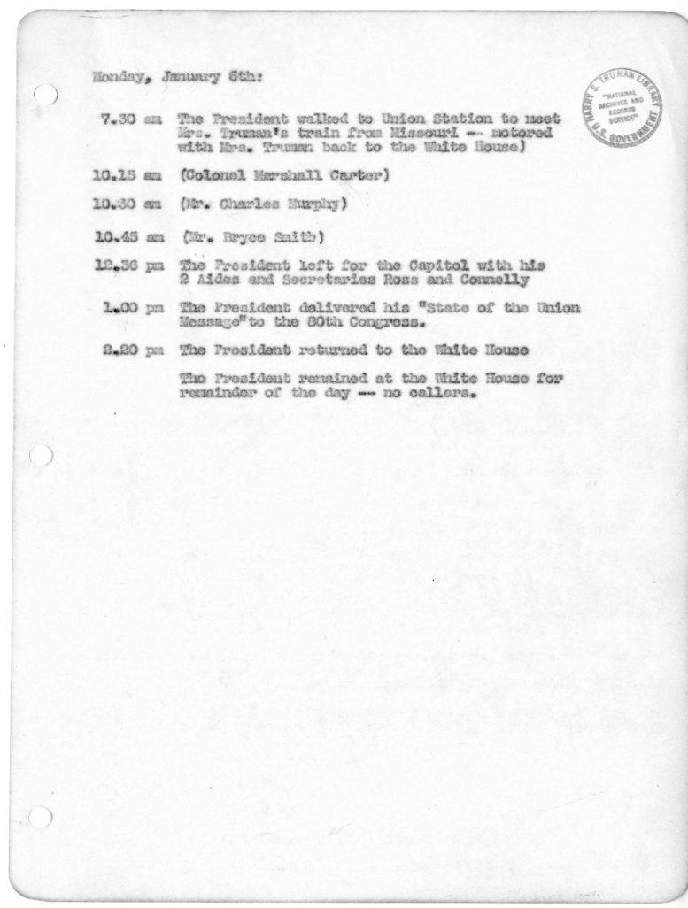 Daily Appointment Sheet for President Harry S. Truman