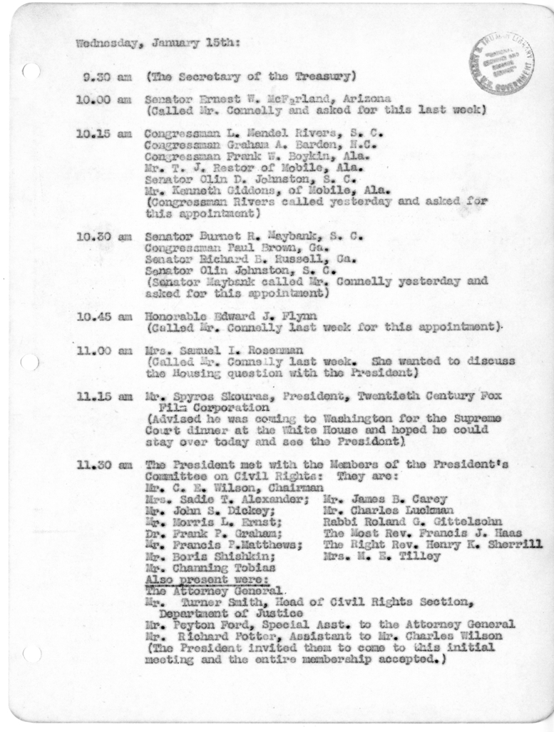 Daily Appointment Sheet for President Harry S. Truman