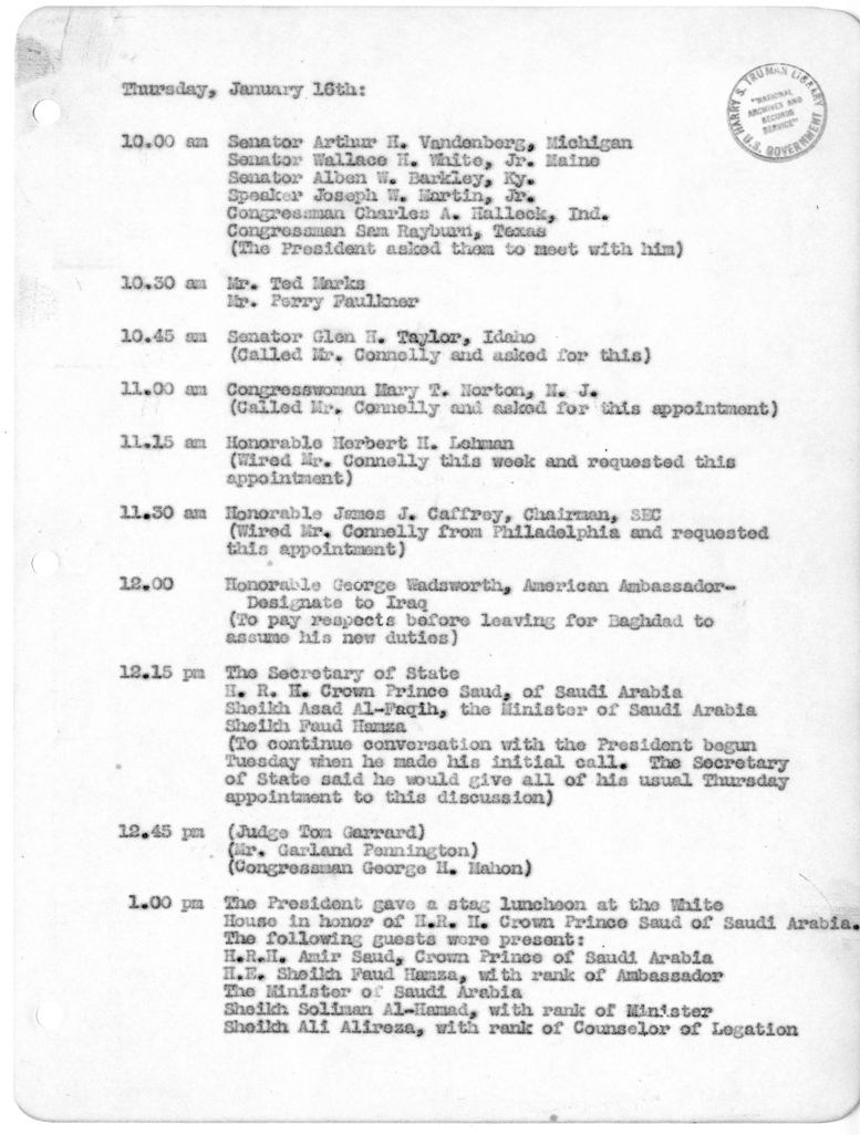 Daily Appointment Sheet for President Harry S. Truman