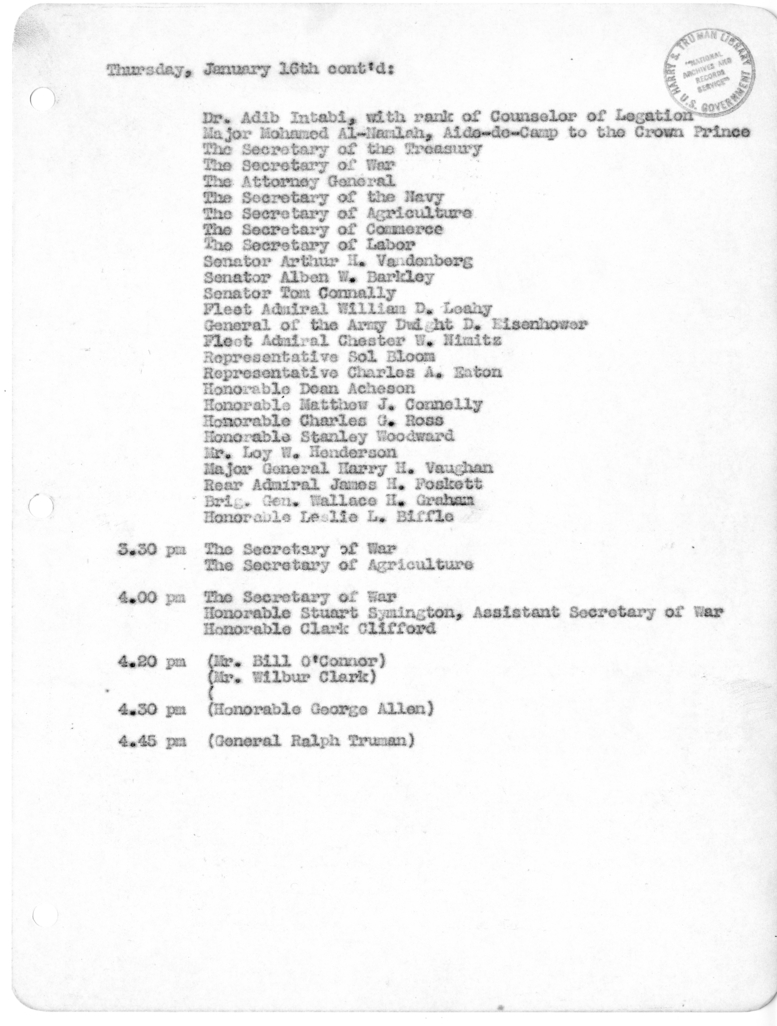 Daily Appointment Sheet for President Harry S. Truman