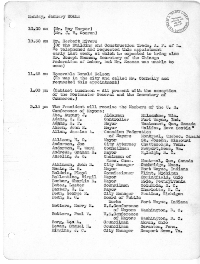 Daily Appointment Sheet for President Harry S. Truman